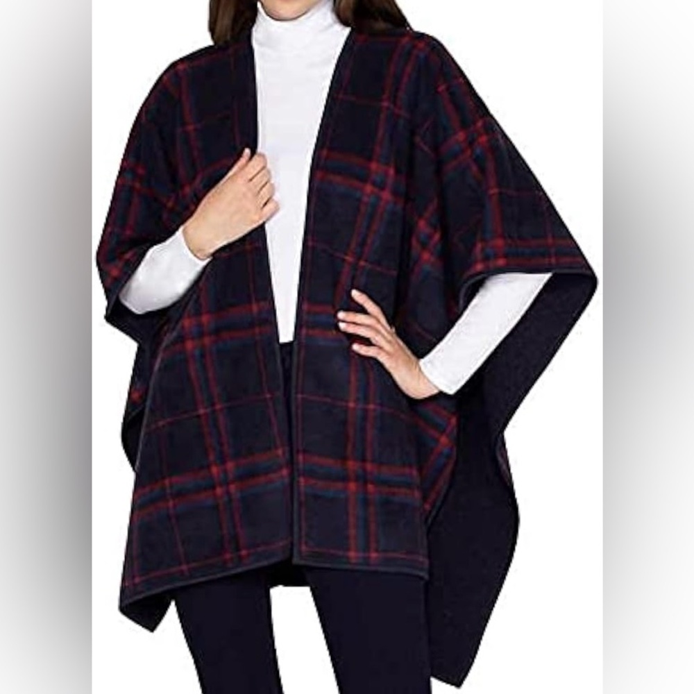 Ike Behar Reversible Fleece Wrap Plaid Sherpa navy blue/ Red One Size Cape NWOT - Picture 1 of 8